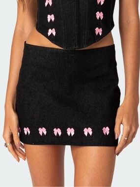 Edikted Black Denim Mini Skirt with Pink Bow Trim